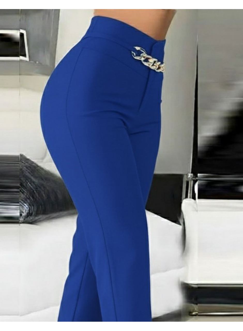 Kadın Yüksek Bel önden Zincir Detaylı Ithal Krep Pantolon