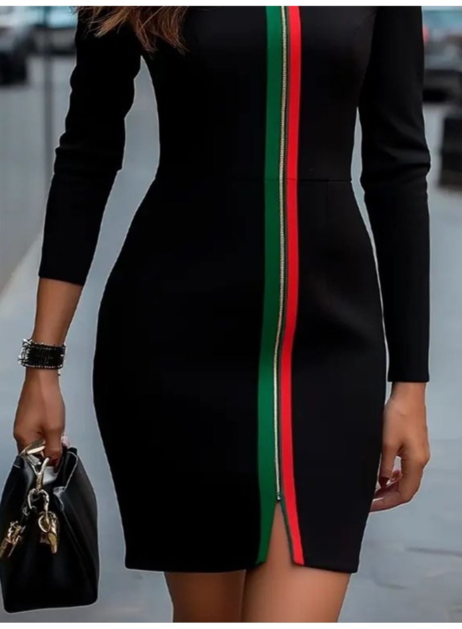 Kadın Uzun Kollu önden Tam Boy Fermuarlı Renkli şerit Detaylı Viskon Iki Iplik Mini Elbise
