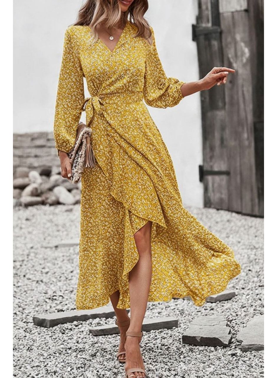 Kadın Uzun Kollu Kruvaze Yaka Yandan Bağlamalı önden Fırfır Detaylı Süprem Uzun Elbise