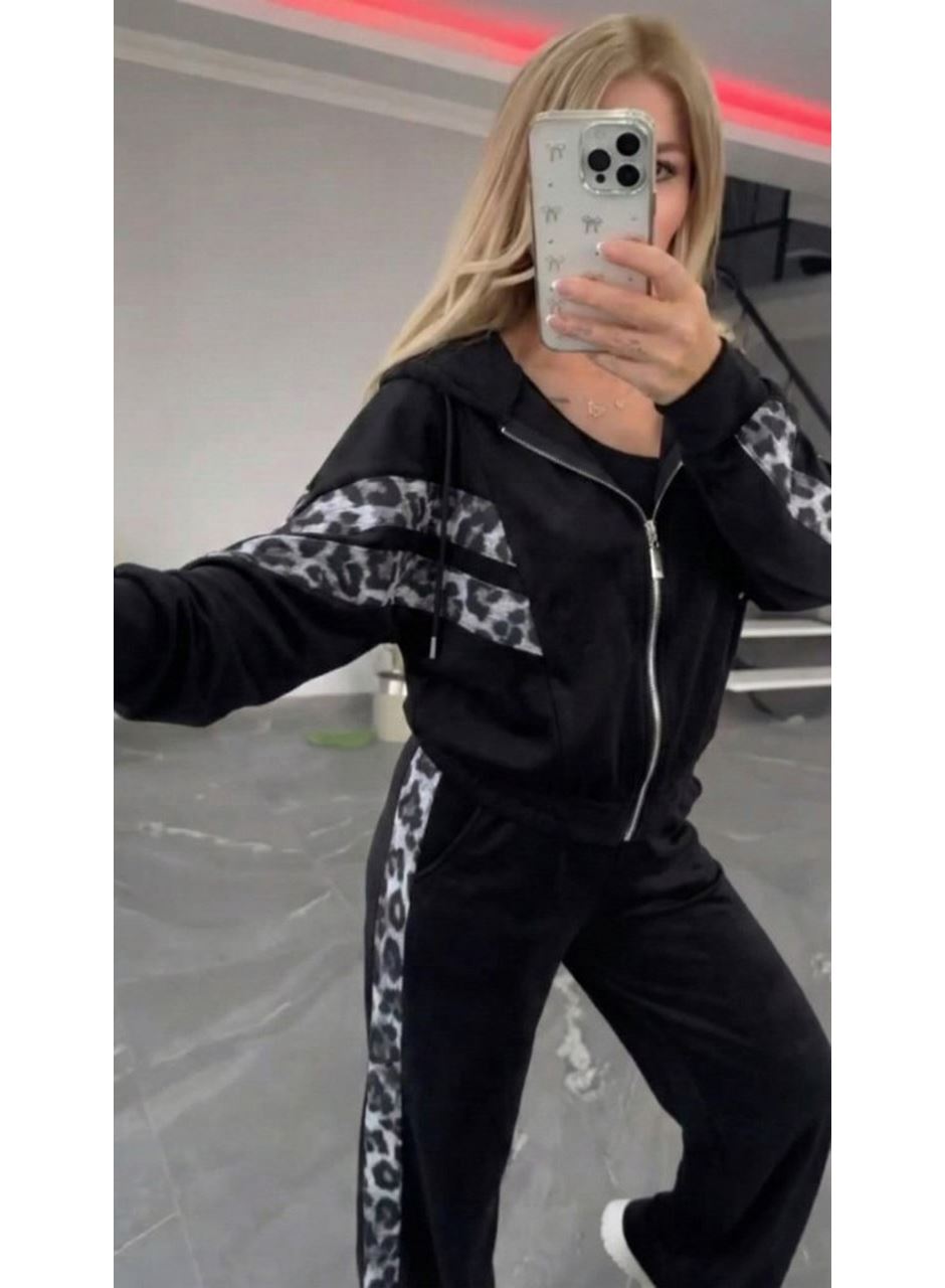 Kadın Uzun Kollu Kapşonlu önü Fermuarlı Leopar Desenli Modal Bluz Ve Pantolon Ikili Takım