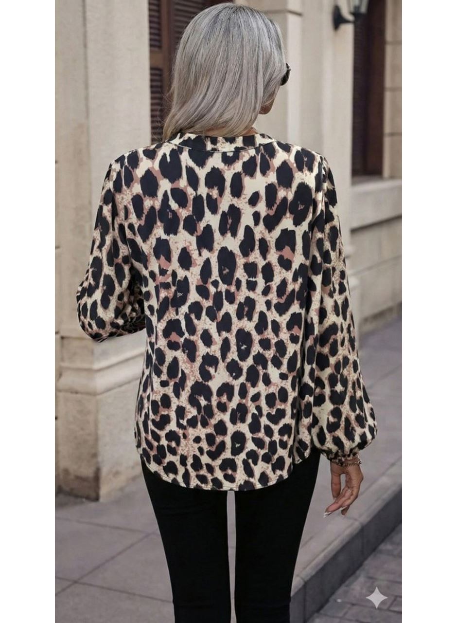 Kadın Uzun Kollu V Hakim Yakalı Leopar Desenli Süprem Bluz