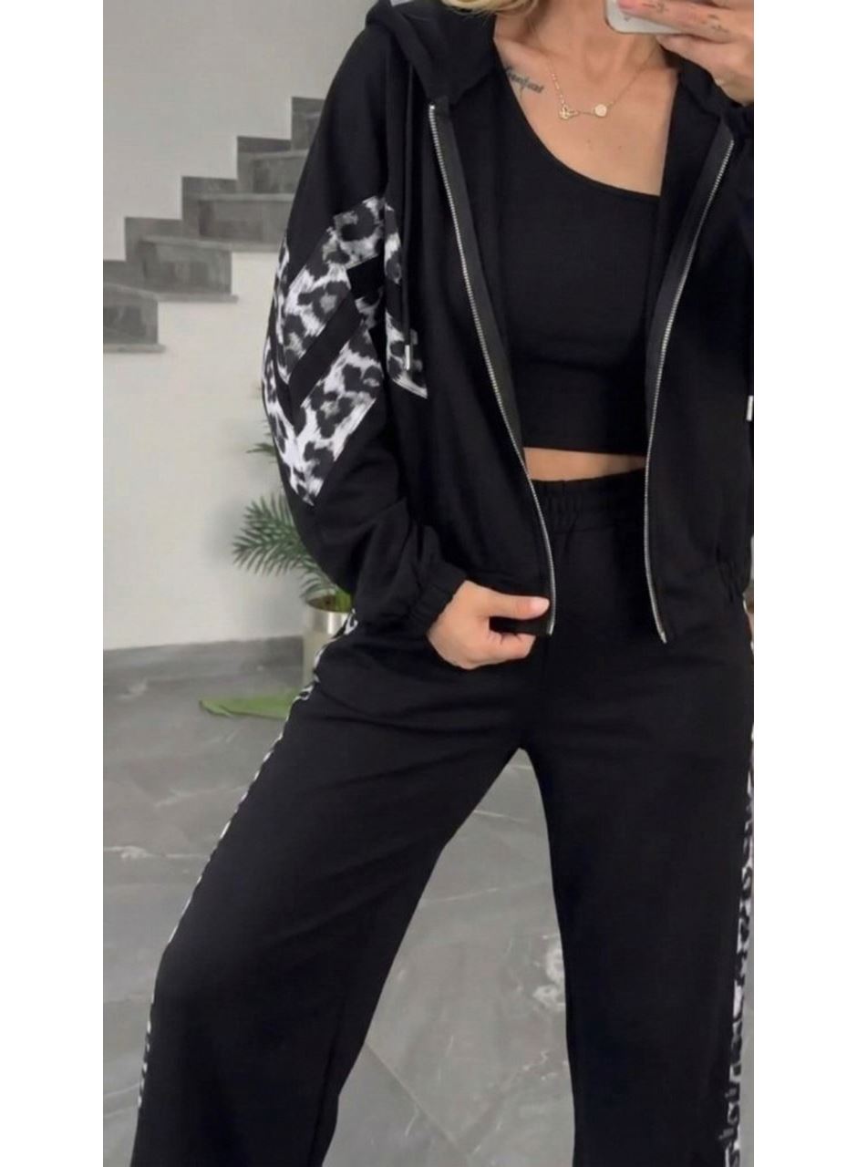 Kadın Uzun Kollu Kapşonlu önü Fermuarlı Leopar Desenli Modal Bluz Ve Pantolon Ikili Takım