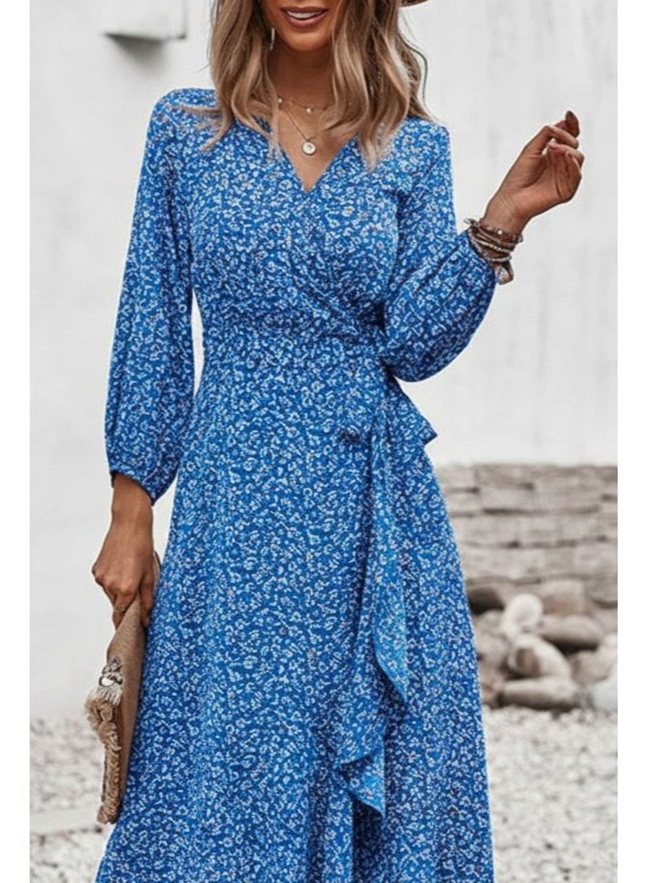 Kadın Uzun Kollu Kruvaze Yaka Yandan Bağlamalı önden Fırfır Detaylı Süprem Uzun Elbise