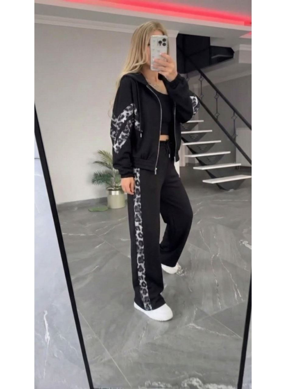 Kadın Uzun Kollu Kapşonlu önü Fermuarlı Leopar Desenli Modal Bluz Ve Pantolon Ikili Takım