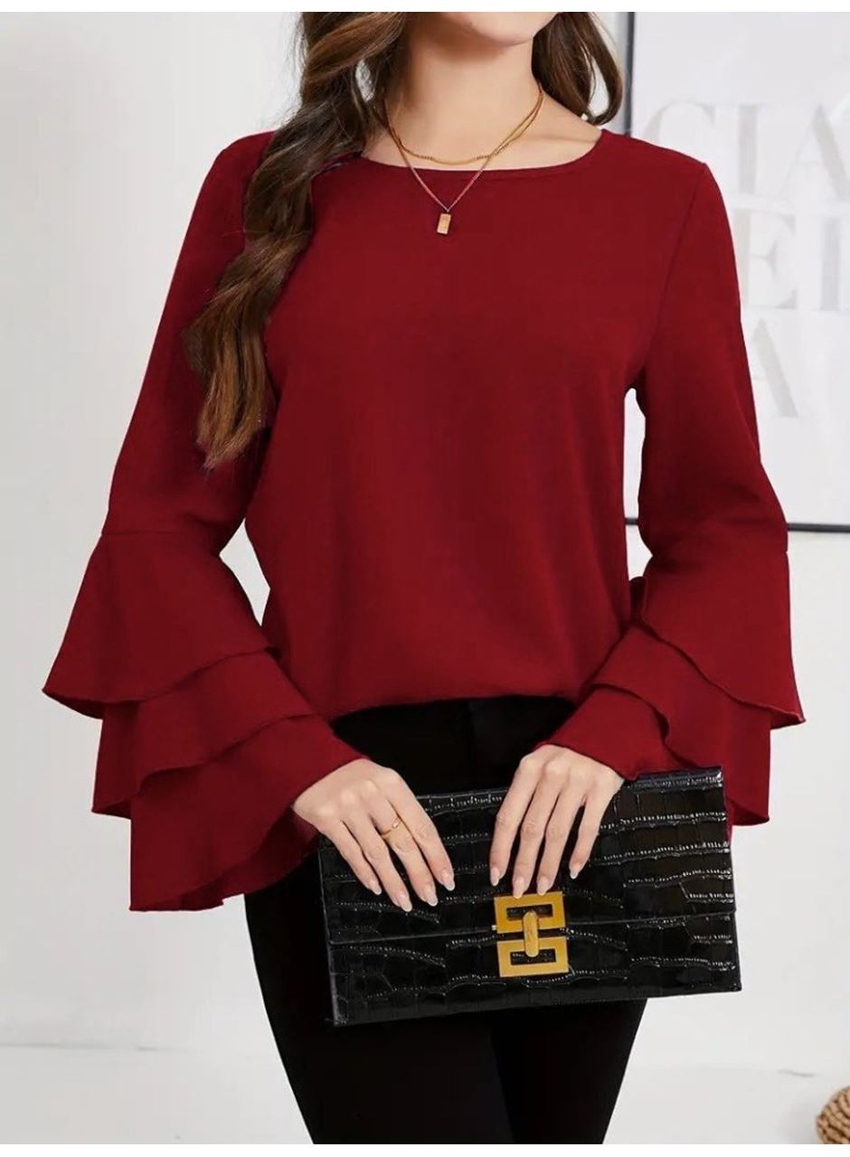 Kadın Uzun Kollu Bisiklet Yaka Kollar İspanyol Volanlı Sandy Bluz