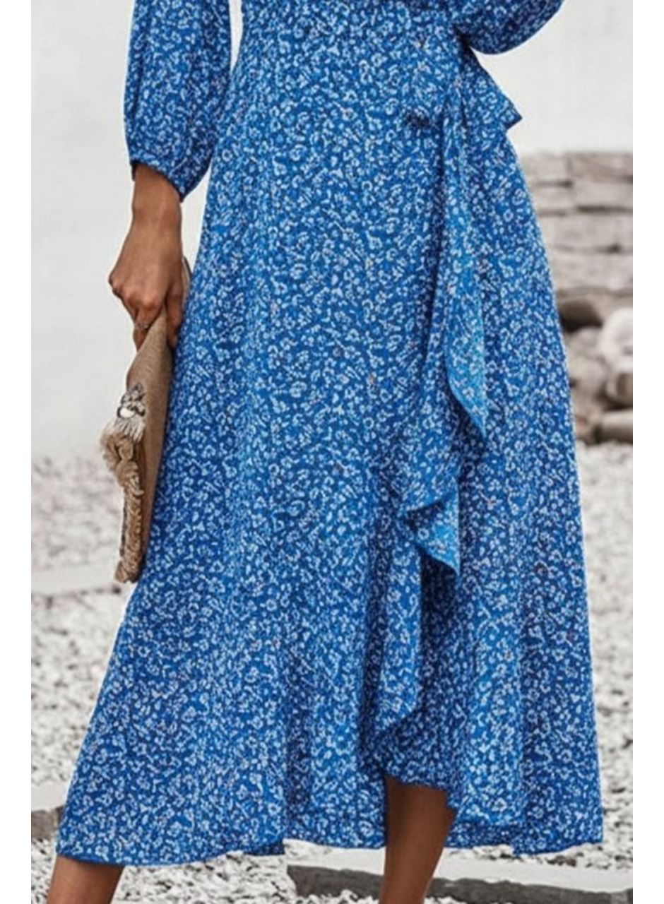 Kadın Uzun Kollu Kruvaze Yaka Yandan Bağlamalı önden Fırfır Detaylı Süprem Uzun Elbise