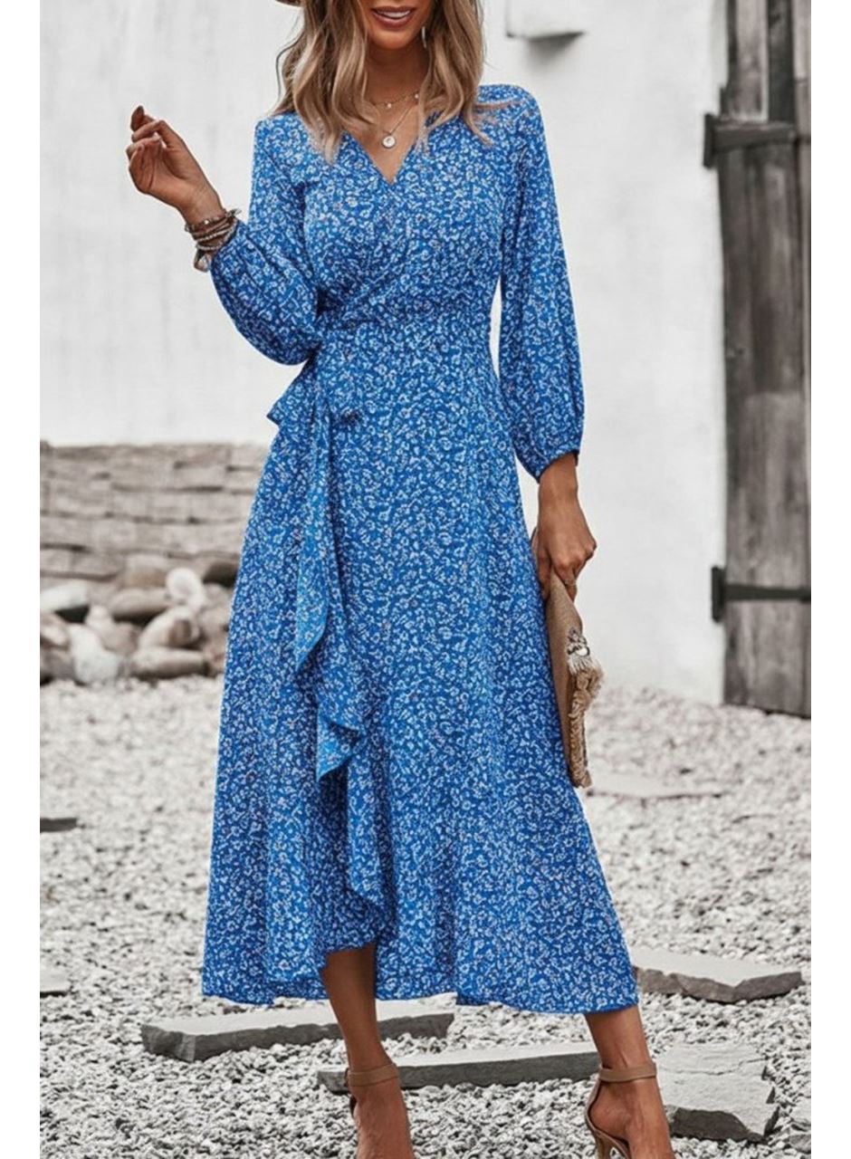 Kadın Uzun Kollu Kruvaze Yaka Yandan Bağlamalı önden Fırfır Detaylı Süprem Uzun Elbise