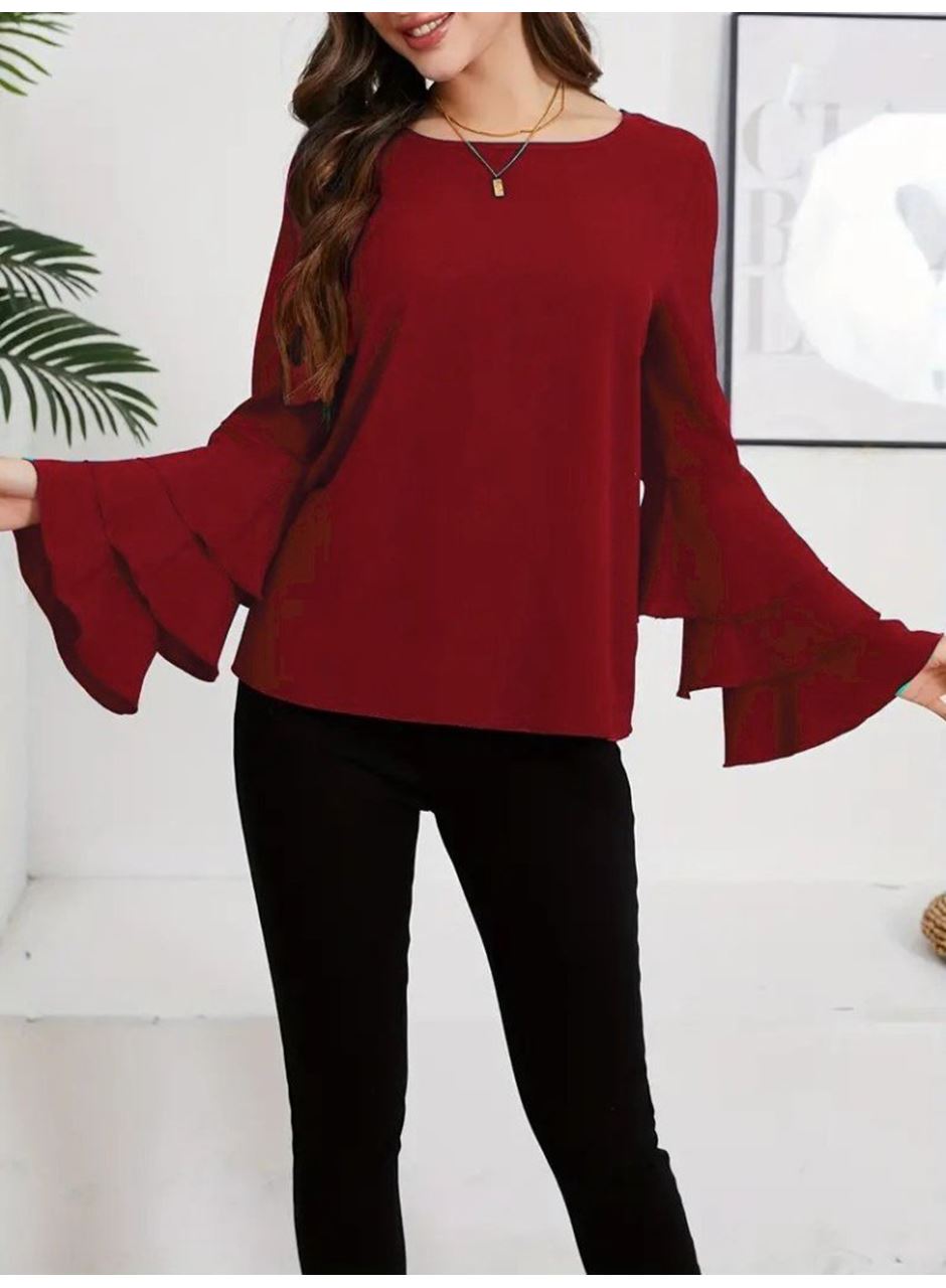 Kadın Uzun Kollu Bisiklet Yaka Kollar İspanyol Volanlı Sandy Bluz