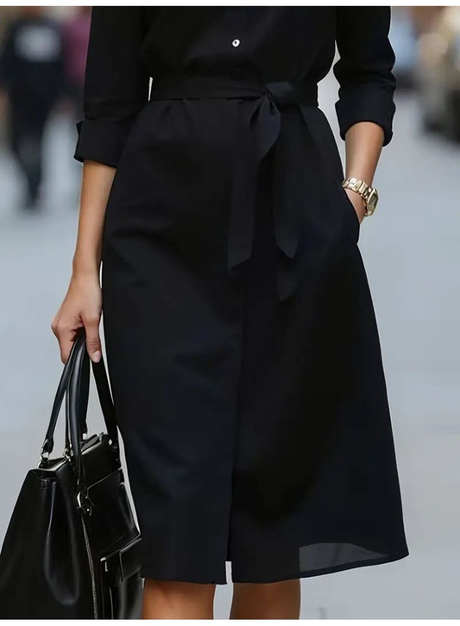 Kadın Uzun Kollu Yakalı Belden Kuşaklı Midi Trikoton Elbise