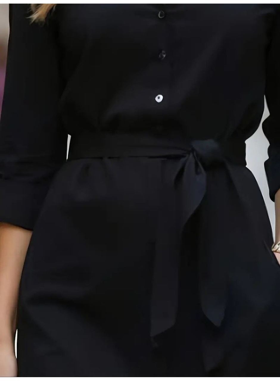 Kadın Uzun Kollu Yakalı Belden Kuşaklı Midi Trikoton Elbise