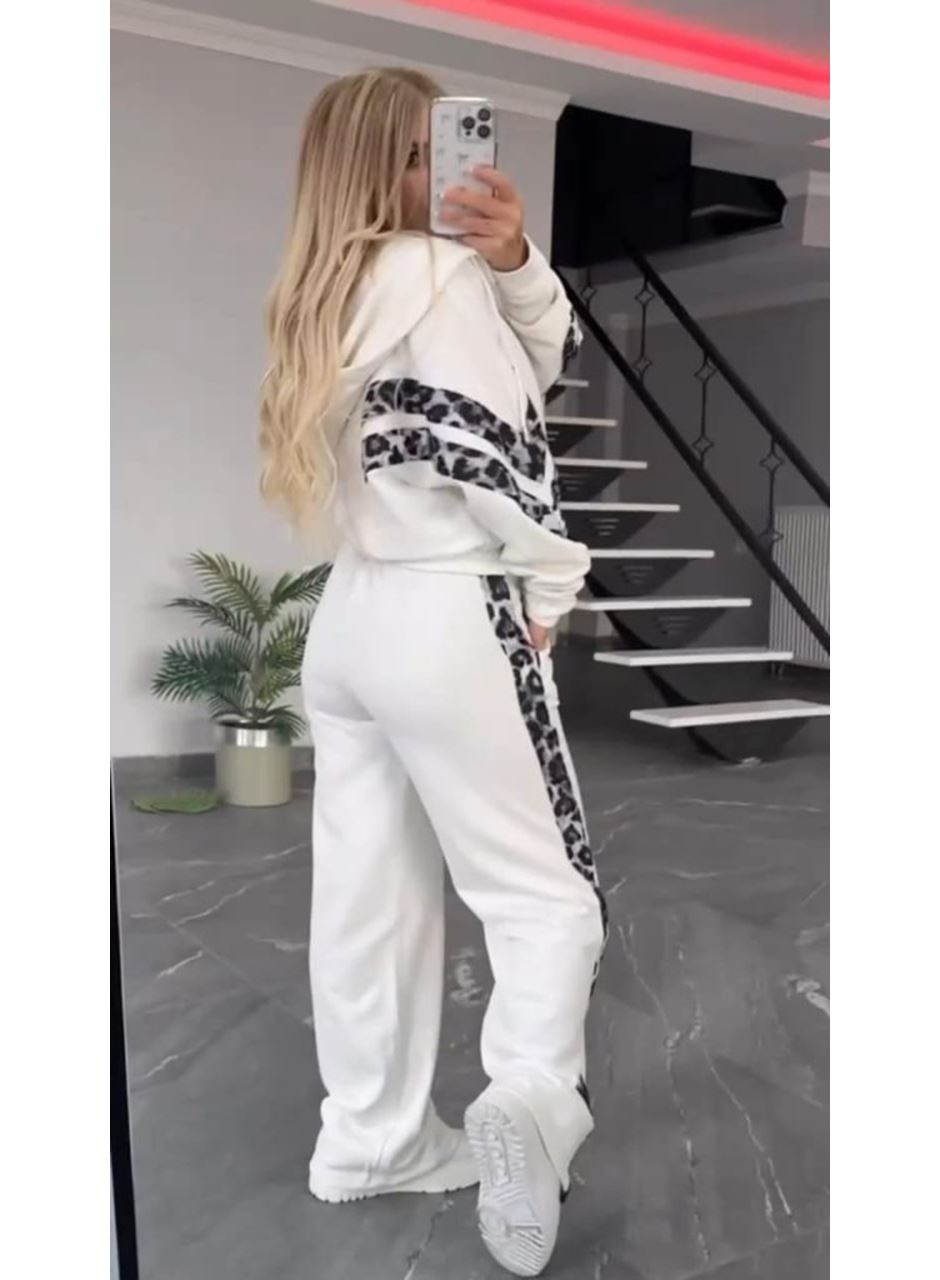 Kadın Uzun Kollu Kapşonlu önü Fermuarlı Leopar Desenli Modal Bluz Ve Pantolon Ikili Takım