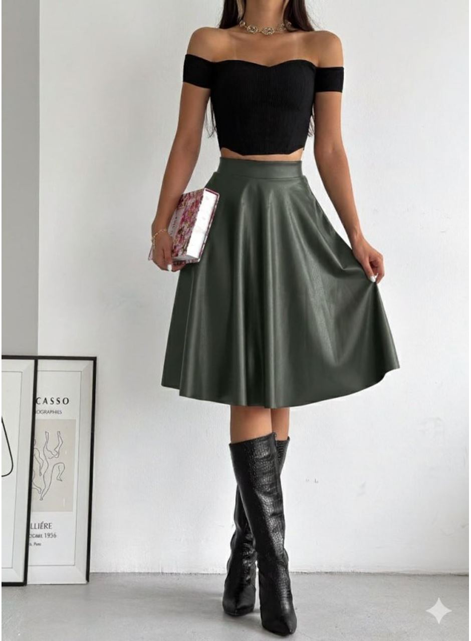 Kadın Yüksel Bel Deri Kloş Etek