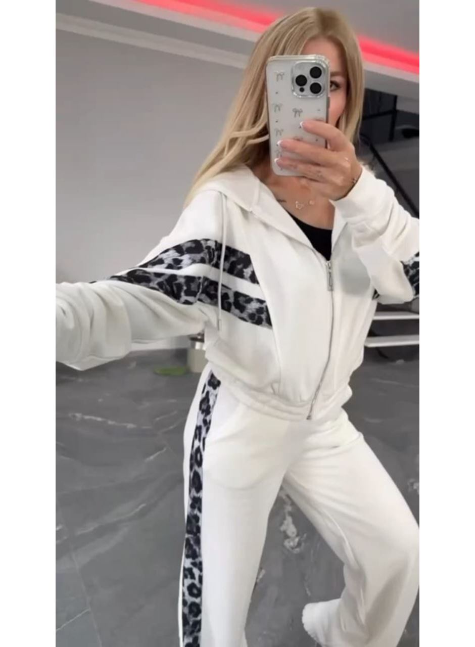Kadın Uzun Kollu Kapşonlu önü Fermuarlı Leopar Desenli Modal Bluz Ve Pantolon Ikili Takım