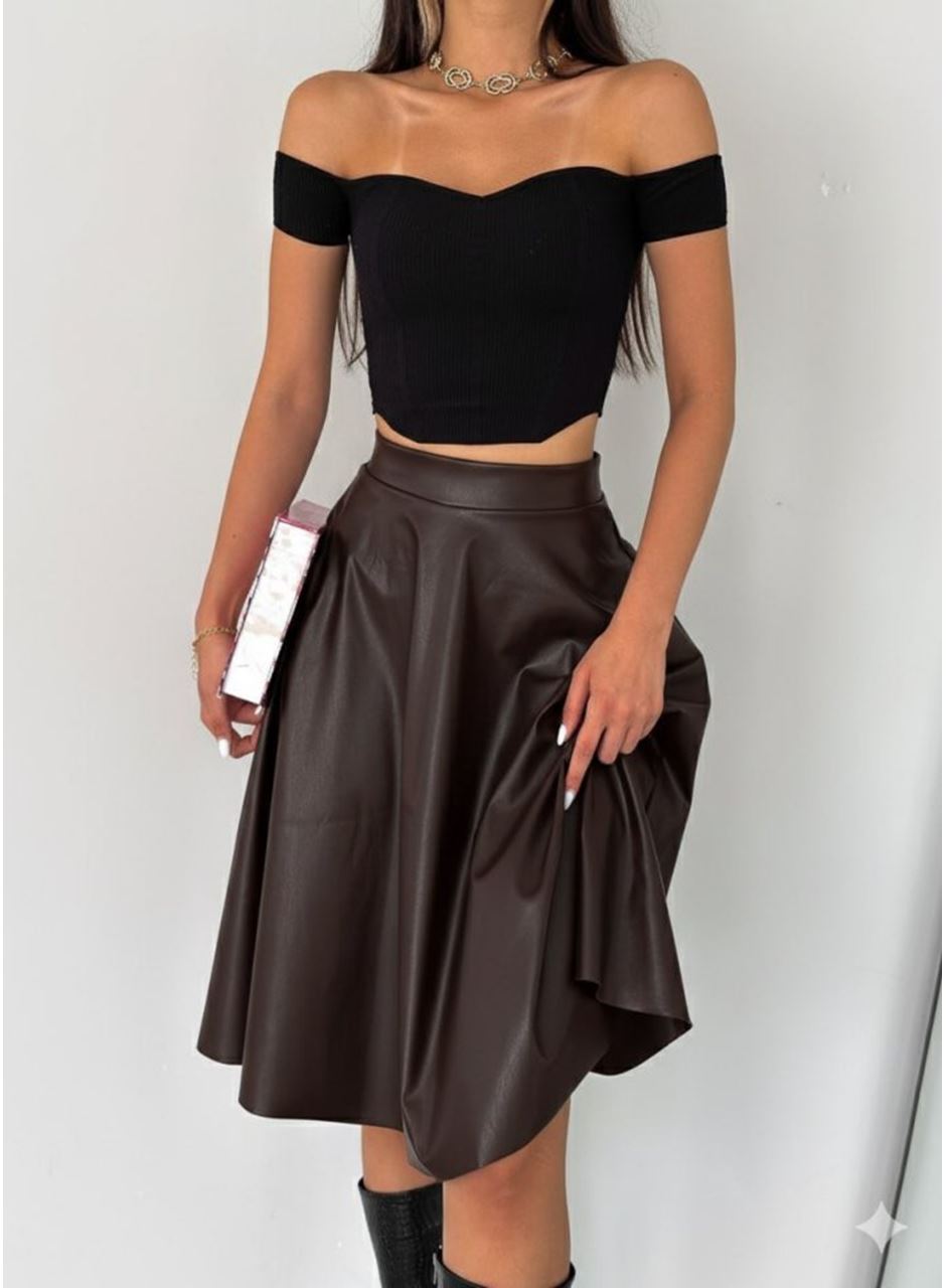 Kadın Yüksel Bel Deri Kloş Etek