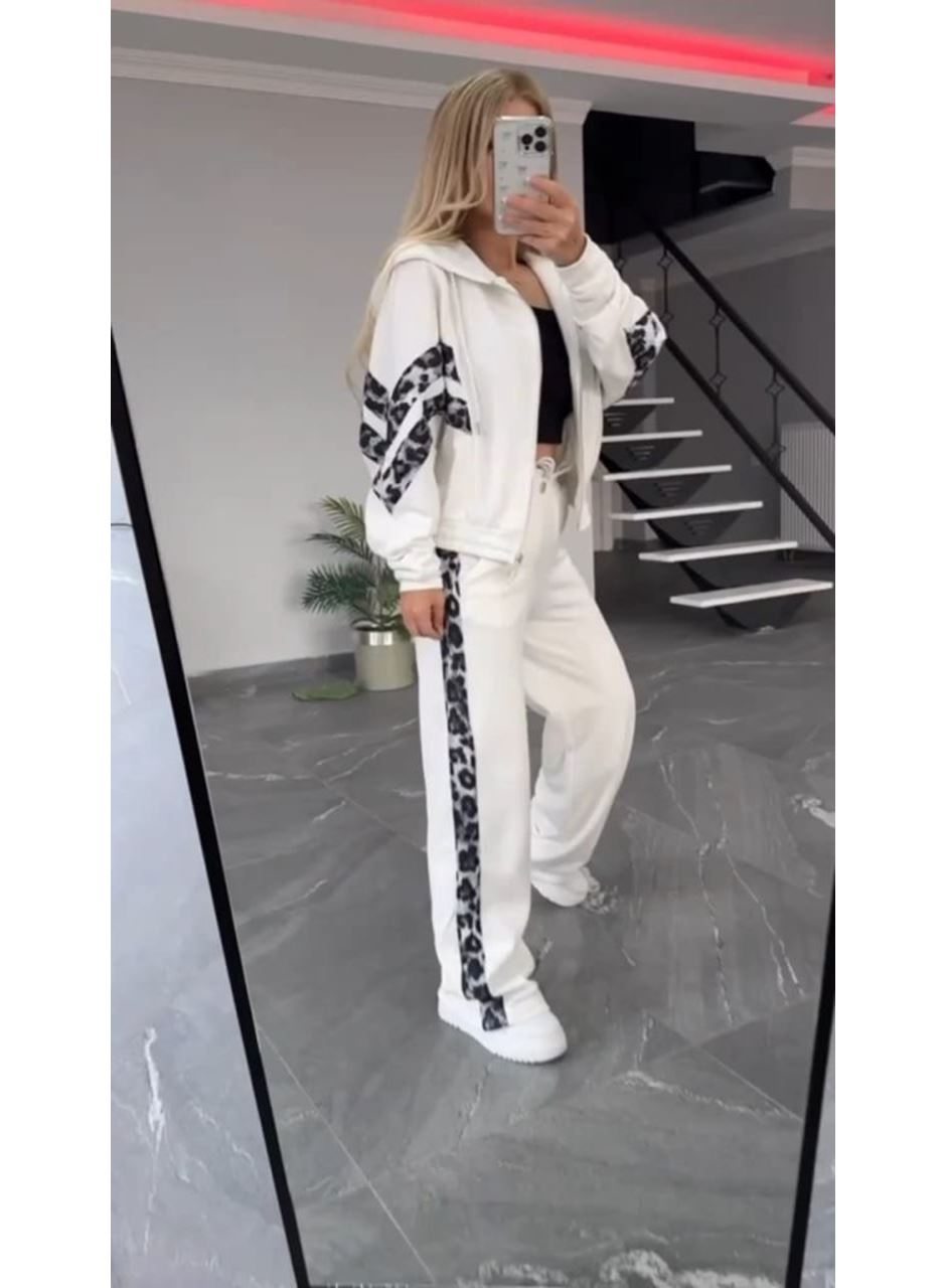 Kadın Uzun Kollu Kapşonlu önü Fermuarlı Leopar Desenli Modal Bluz Ve Pantolon Ikili Takım