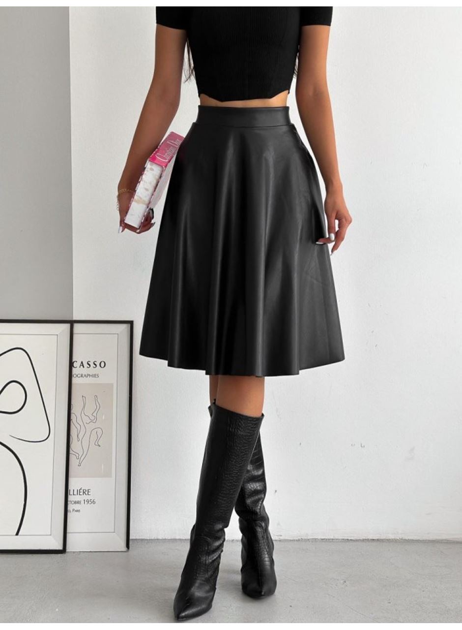 Kadın Yüksel Bel Deri Kloş Etek
