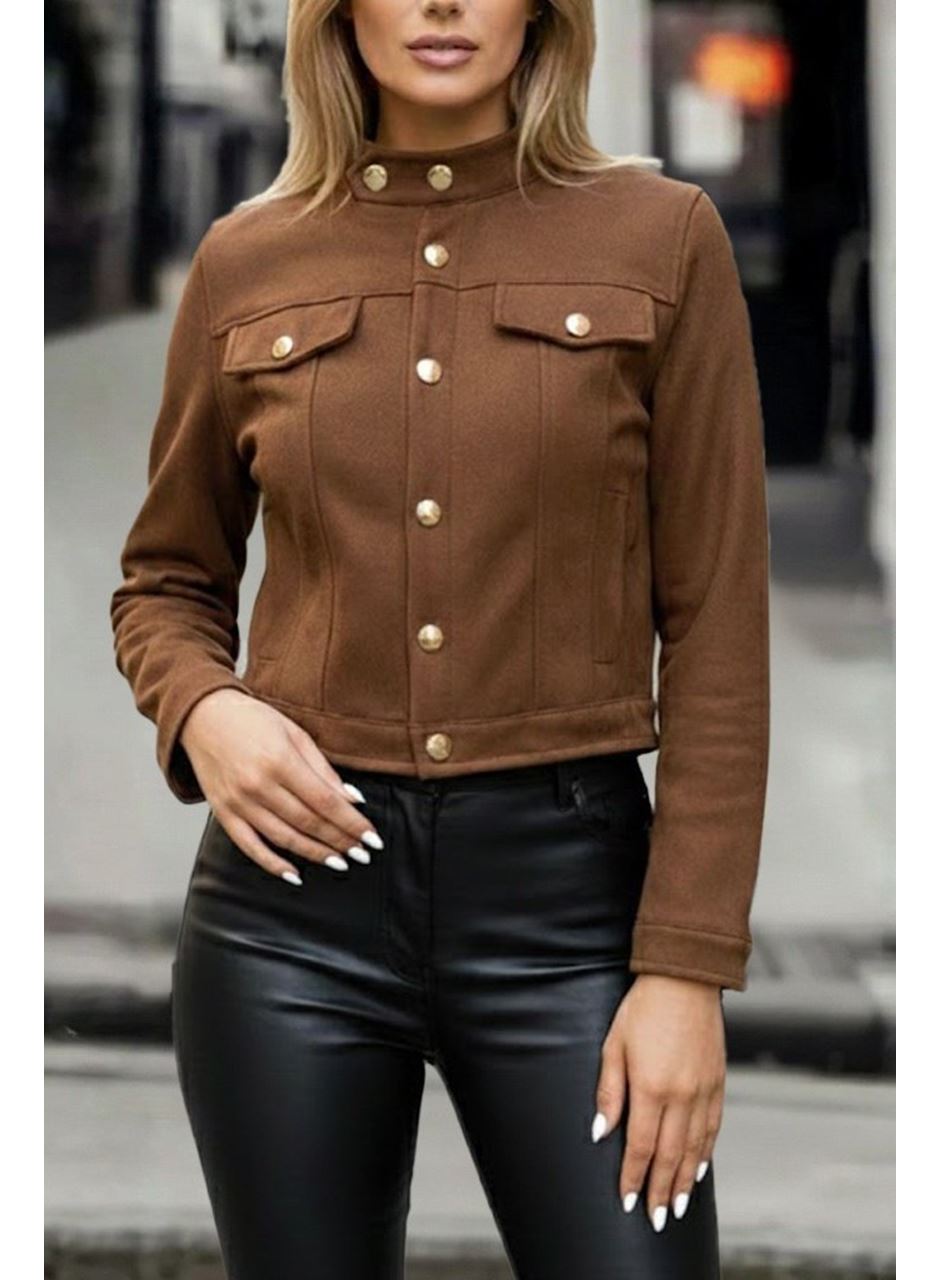 Kadın Uzun Kollu Yakadan Ve önden Düğmeli Süet Kısa Ceket