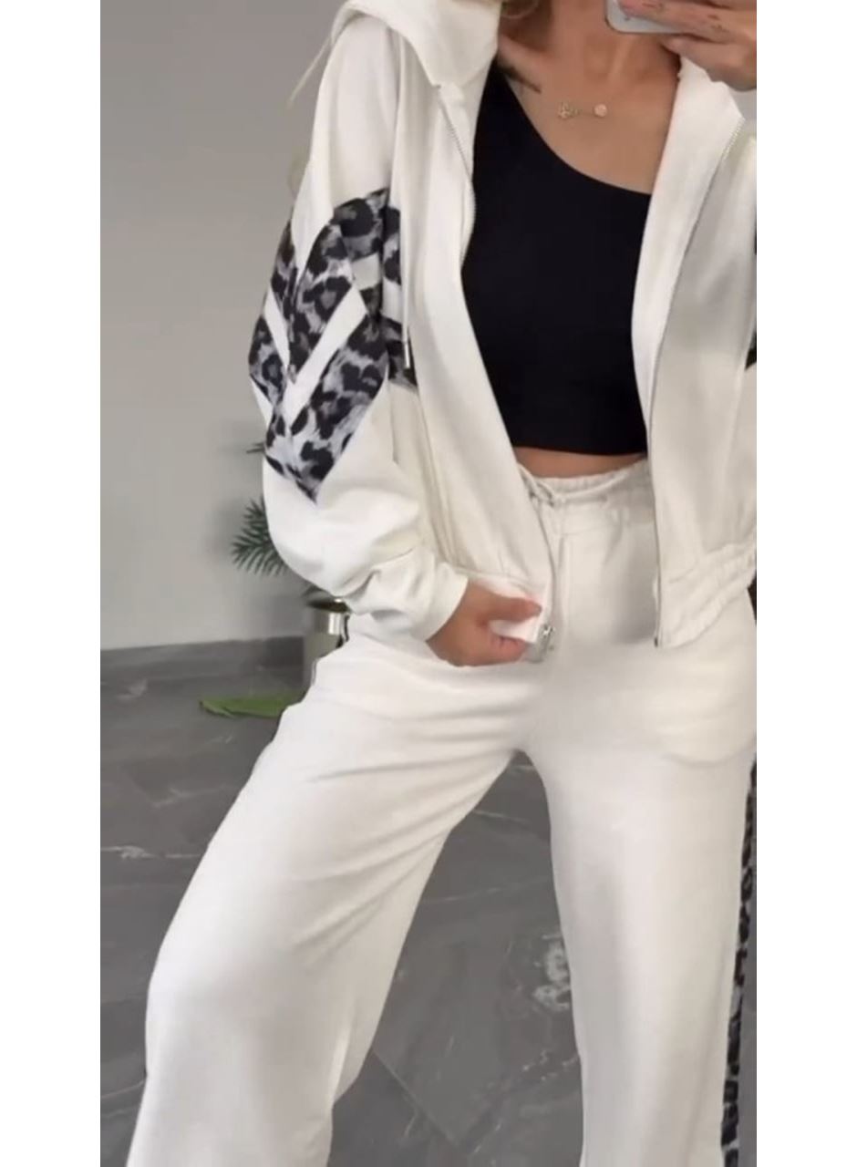 Kadın Uzun Kollu Kapşonlu önü Fermuarlı Leopar Desenli Modal Bluz Ve Pantolon Ikili Takım