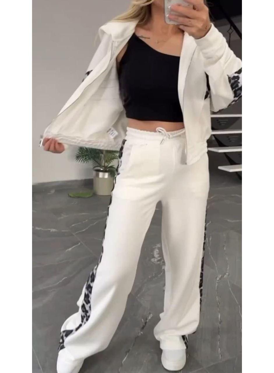 Kadın Uzun Kollu Kapşonlu önü Fermuarlı Leopar Desenli Modal Bluz Ve Pantolon Ikili Takım