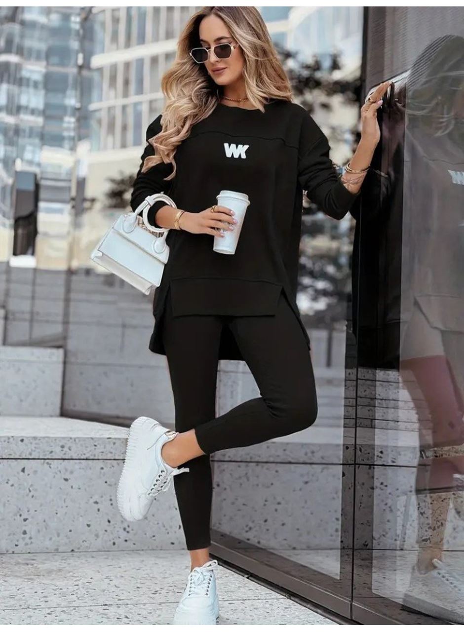 Kadın Uzun Kollu Bisiklet Yaka Nervurlu Viskon Iki Iplik Ve Tayt Pantolon Ikili Takım