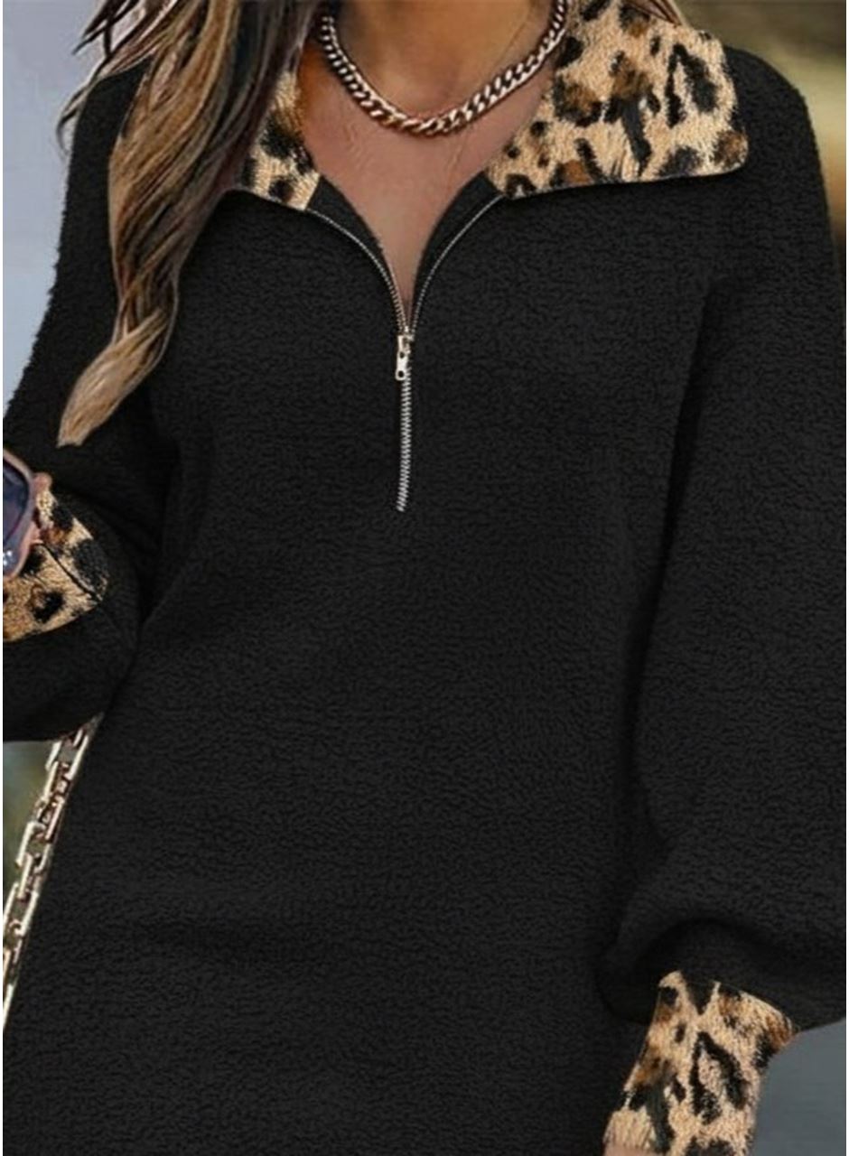 Kadın Uzun Kollu Yakalı önden Fermuarlı Leopar Detaylı Mini Peluş Elbise