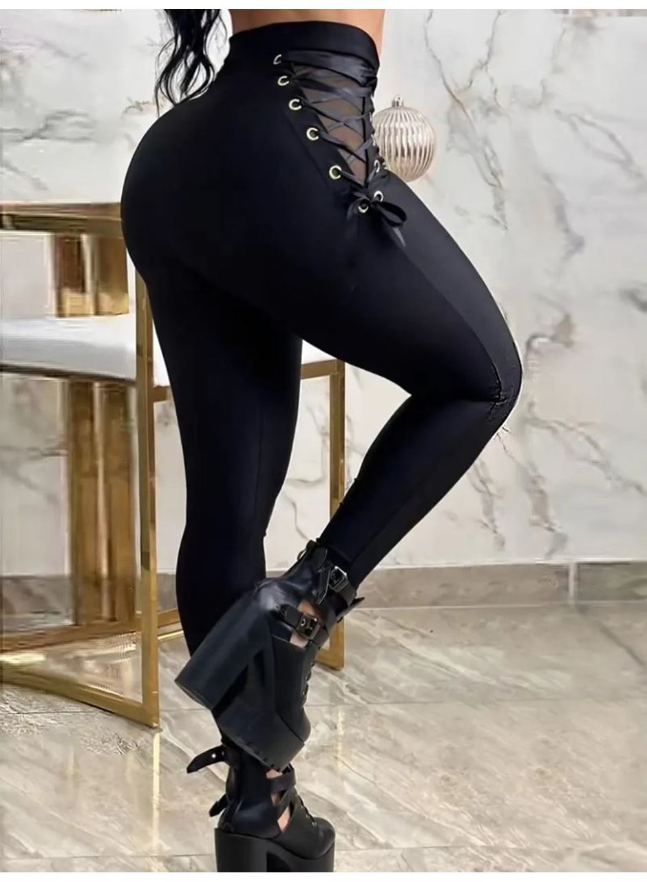 Kadın Yüksek Bel çapraz Bağcıklı Tül Detaylı Dalgıç Tayt