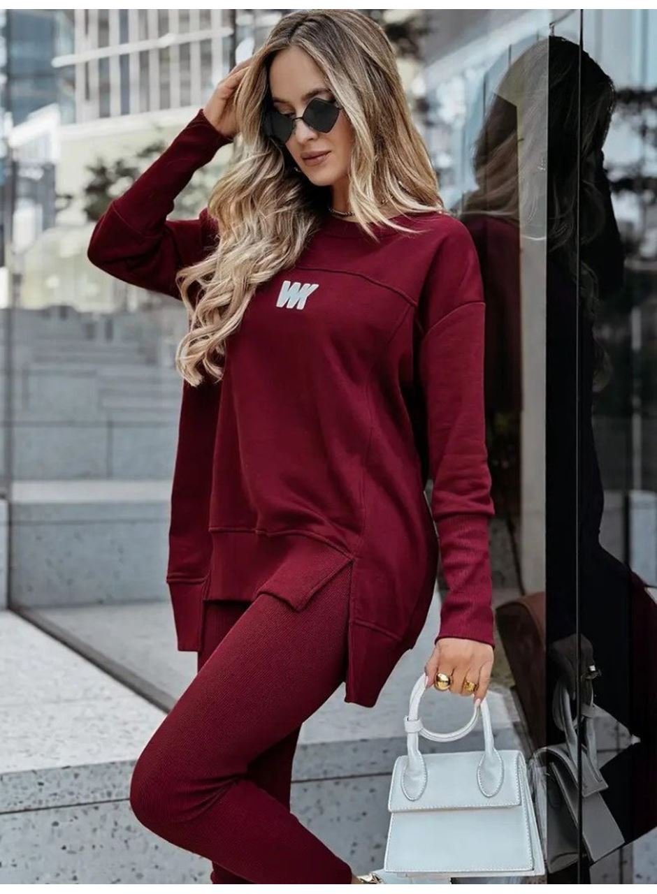 Kadın Uzun Kollu Bisiklet Yaka Nervurlu Viskon Iki Iplik Ve Tayt Pantolon Ikili Takım