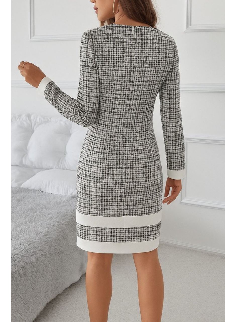 Kadın Uzun Kollu Yuvarlak Yaka Etek Ucu şerit Detaylı Mini Dokuma Elbise