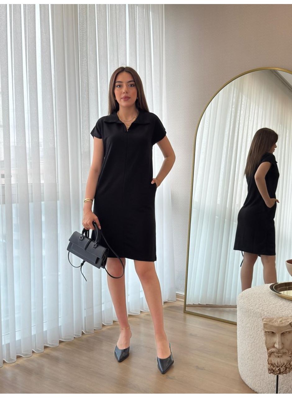 Kadın Kısa Kollu Yakalı Viskon Iki Iplik Elbise