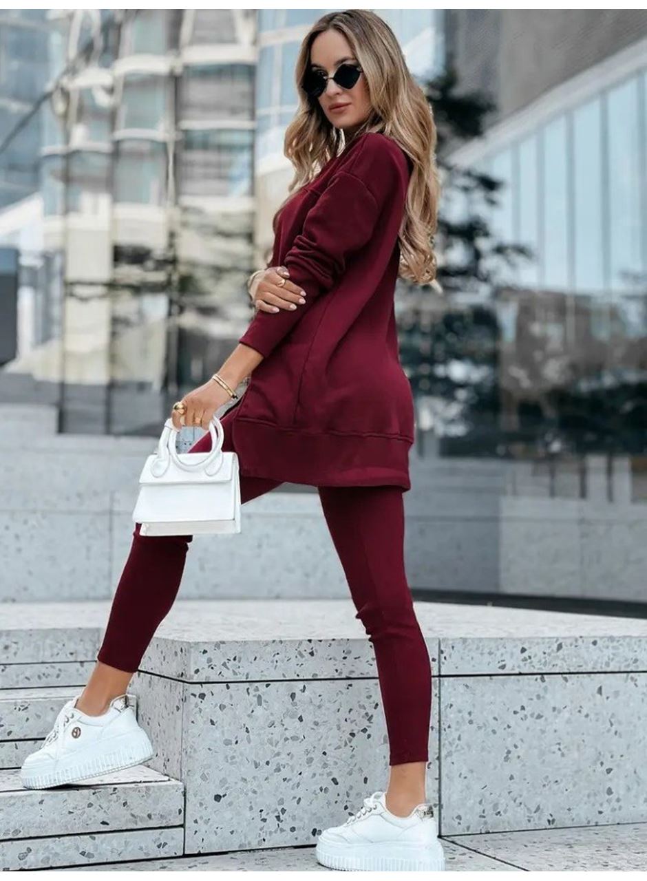 Kadın Uzun Kollu Bisiklet Yaka Nervurlu Viskon Iki Iplik Ve Tayt Pantolon Ikili Takım