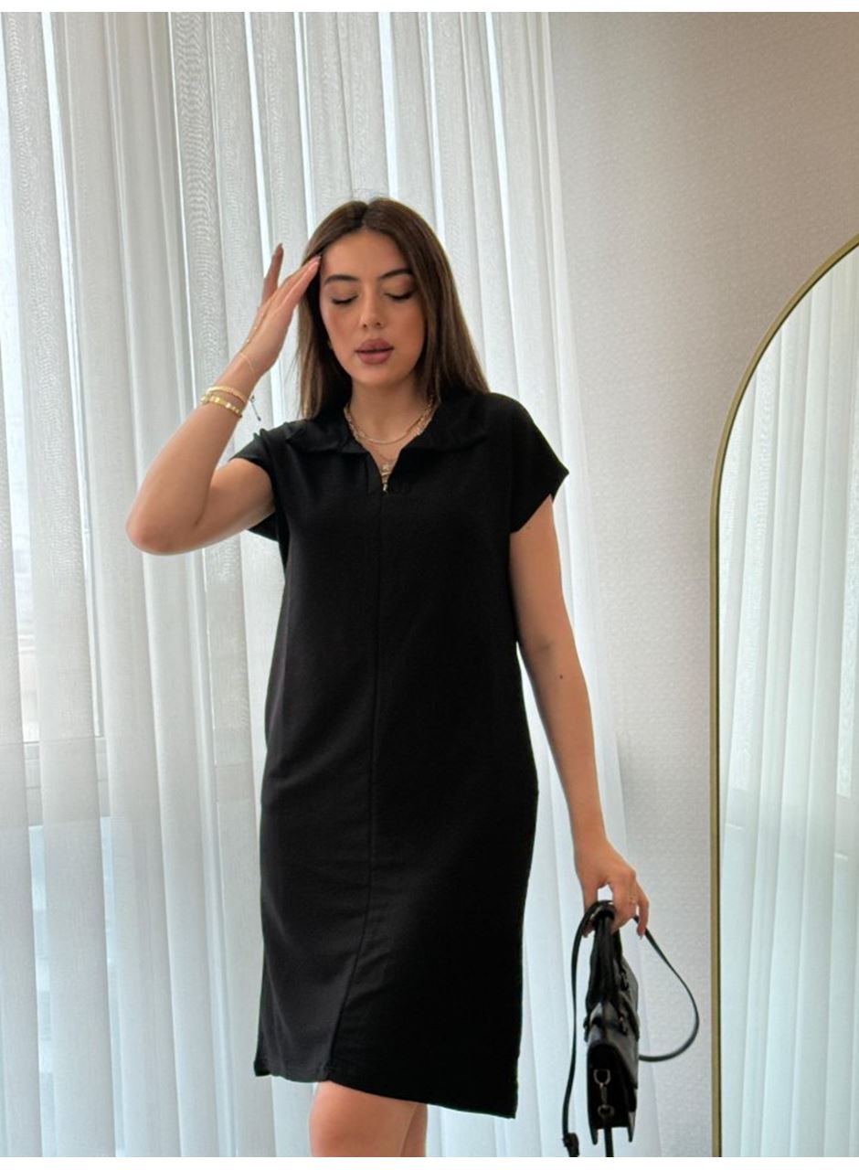 Kadın Kısa Kollu Yakalı Viskon Iki Iplik Elbise