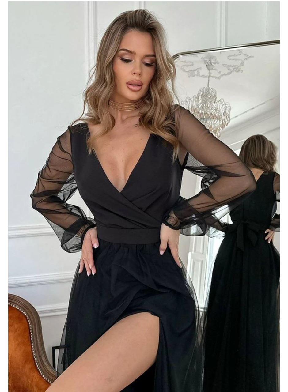 Kadın Uzun Kollu Kruvaze Yakalı Belden Kuşaklı Tüllü Uzun Ithal Krep Elbise