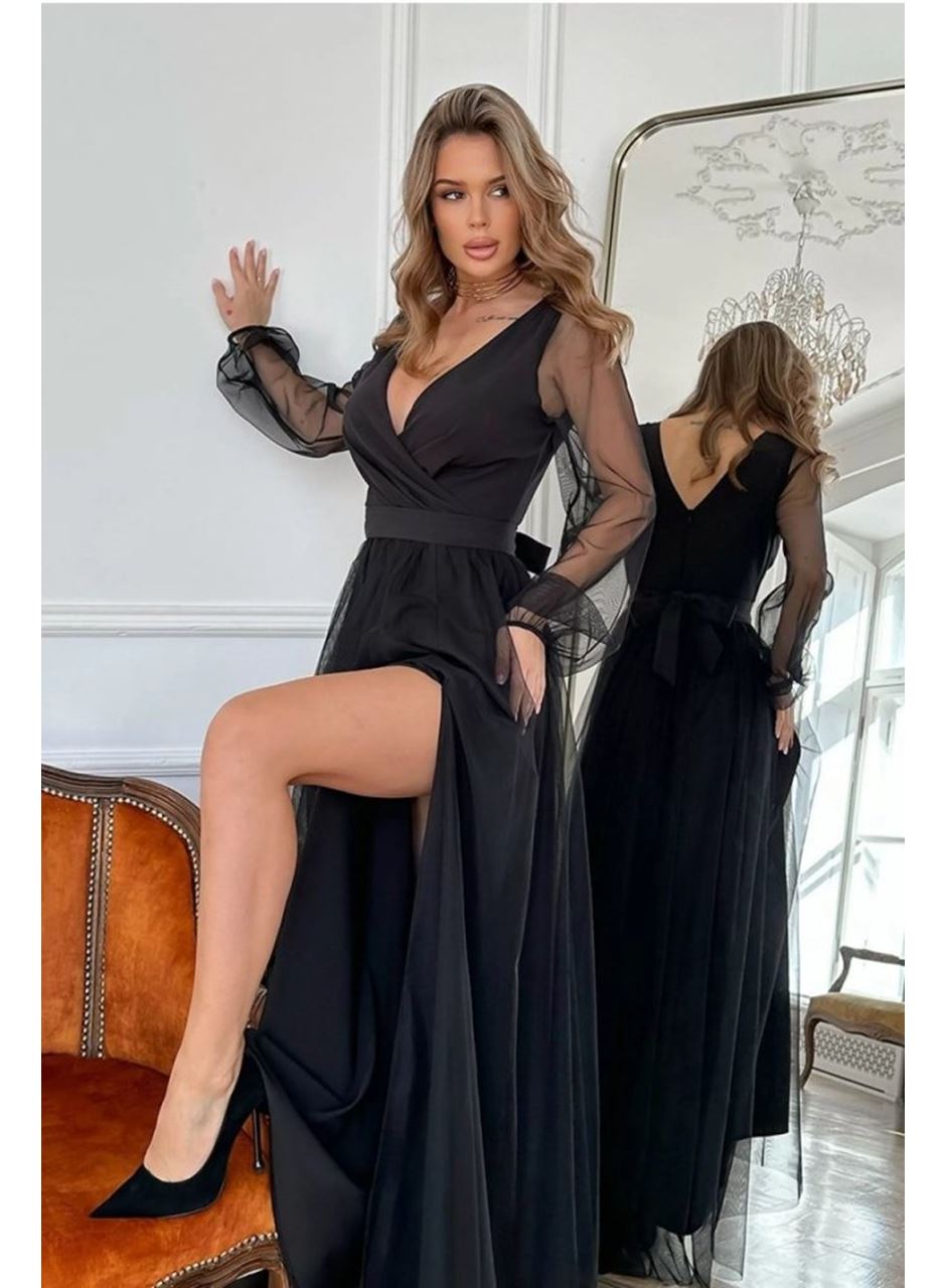 Kadın Uzun Kollu Kruvaze Yakalı Belden Kuşaklı Tüllü Uzun Ithal Krep Elbise