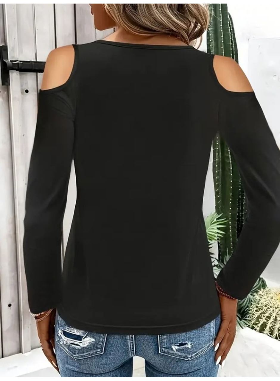 Kadın Omuzlardan Açık Uzun Kollu Yakadan Halka şerit Detaylı Viskon Bluz