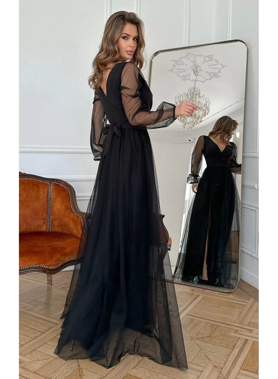 Kadın Uzun Kollu Kruvaze Yakalı Belden Kuşaklı Tüllü Uzun Ithal Krep Elbise