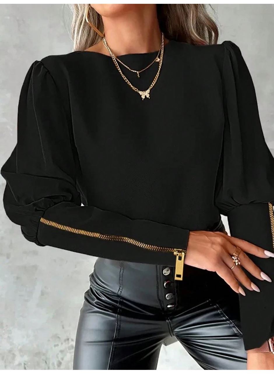 Kadın Uzun Kollu Bisiklet Yaka Fermuar Detaylı Ithal Krep Bluz