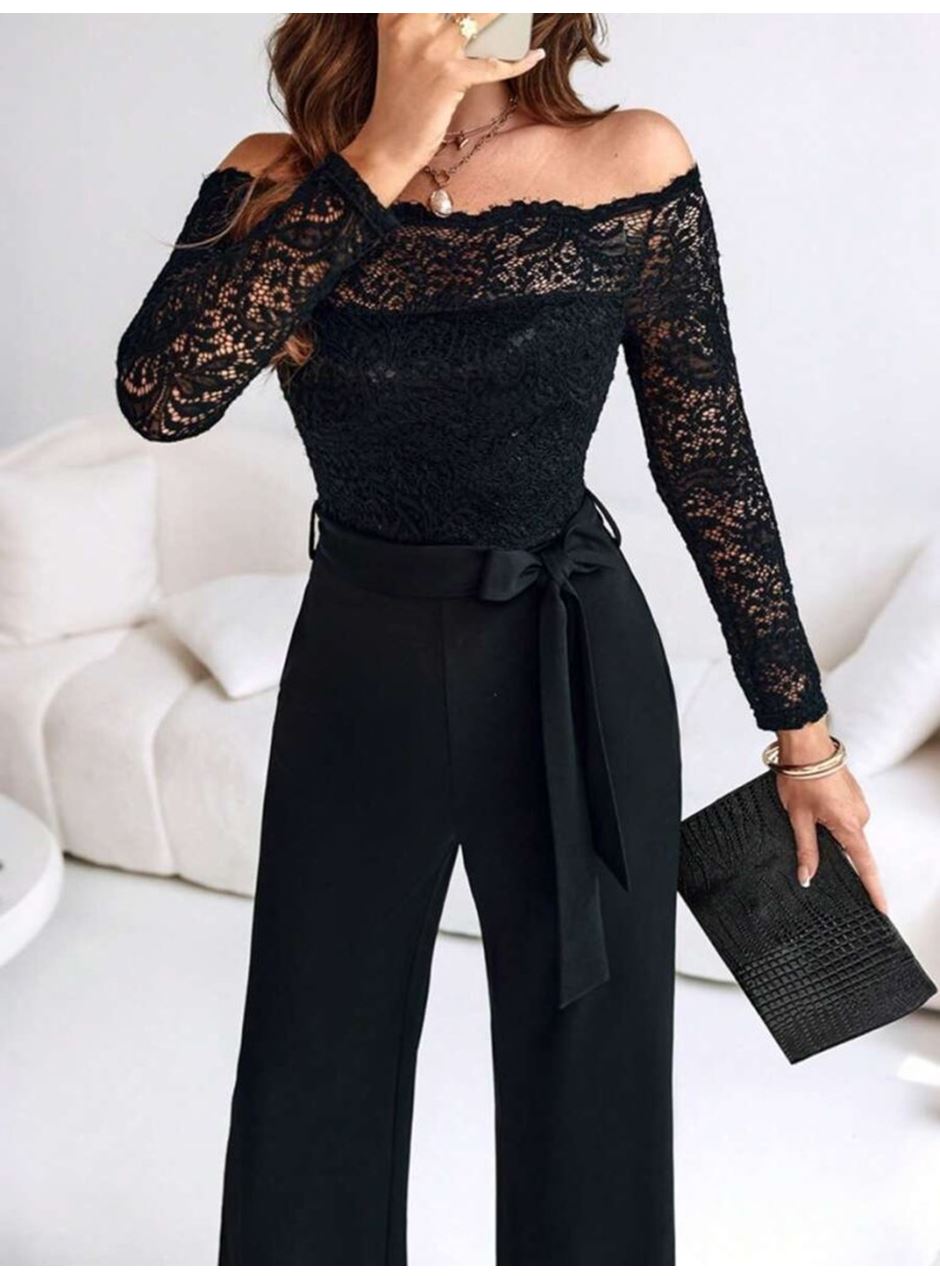 Kadın Uzun Kollu Madonna Yaka Dantelli Yandan Bağlamalı Ithal Krep Tulum