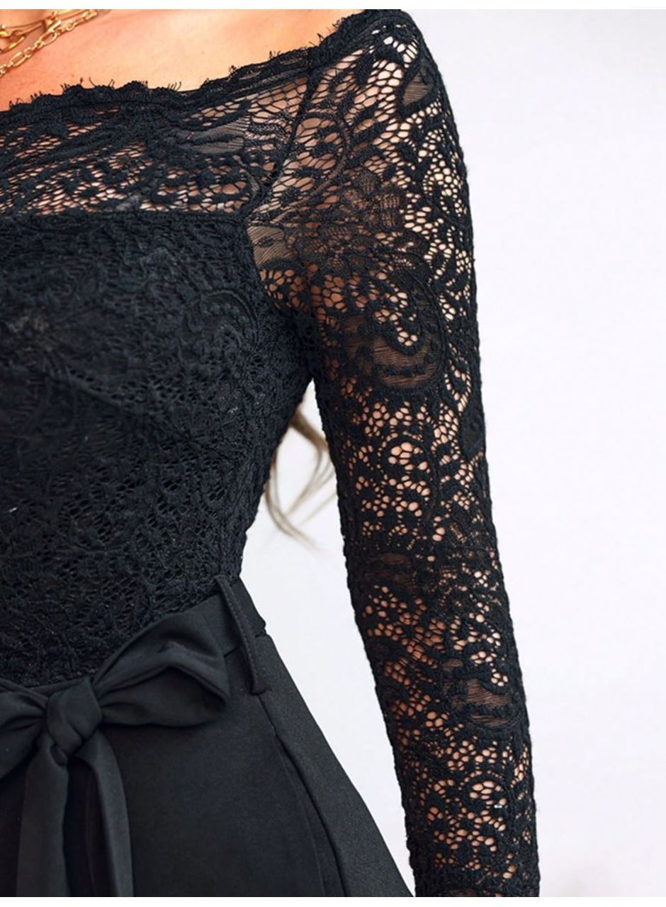 Kadın Uzun Kollu Madonna Yaka Dantelli Yandan Bağlamalı Ithal Krep Tulum