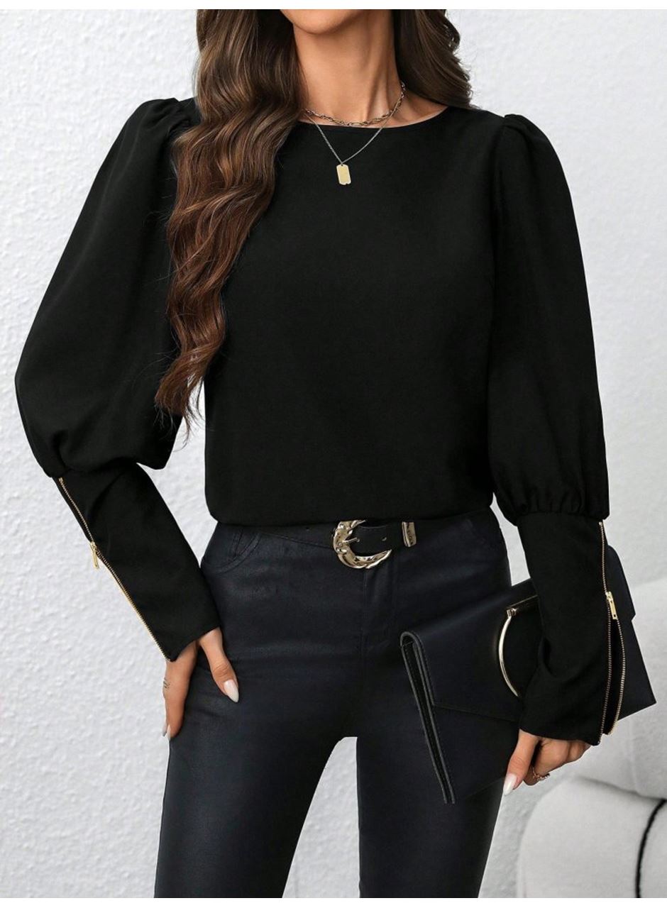 Kadın Uzun Kollu Bisiklet Yaka Fermuar Detaylı Ithal Krep Bluz