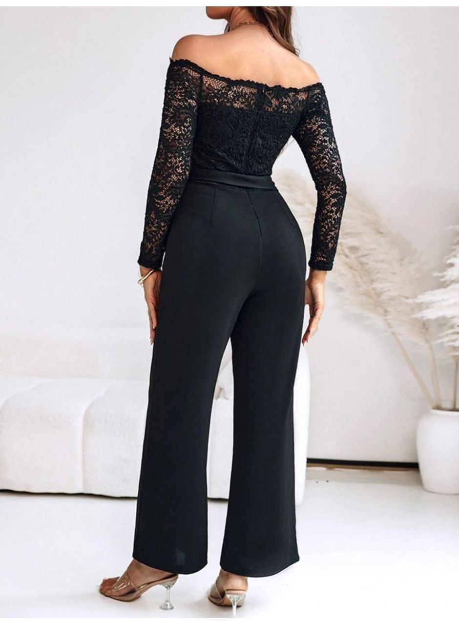 Kadın Uzun Kollu Madonna Yaka Dantelli Yandan Bağlamalı Ithal Krep Tulum