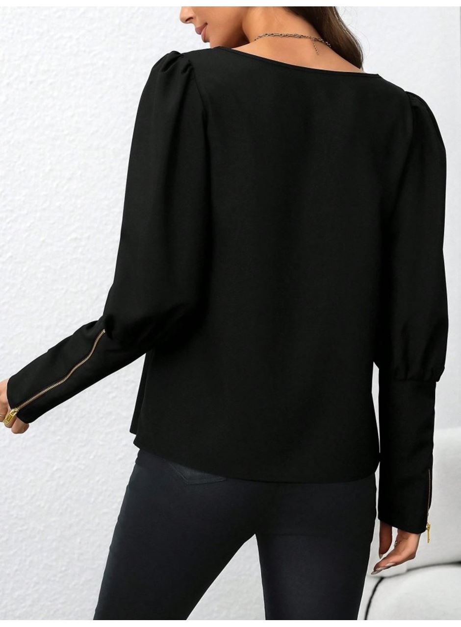 Kadın Uzun Kollu Bisiklet Yaka Fermuar Detaylı Ithal Krep Bluz