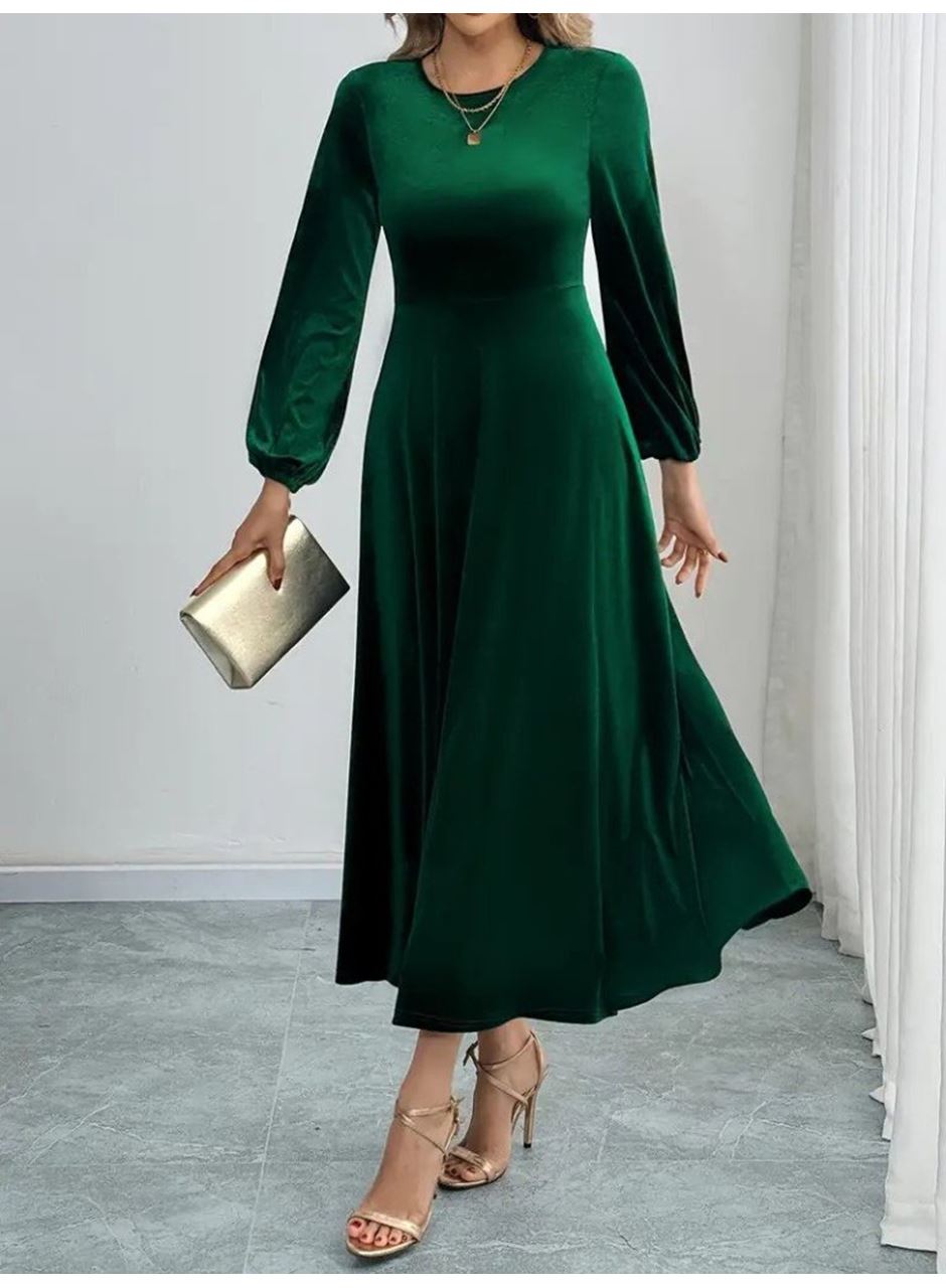 Kadın Uzun Kollu Bisiklet Yaka Midi Kadife Elbise