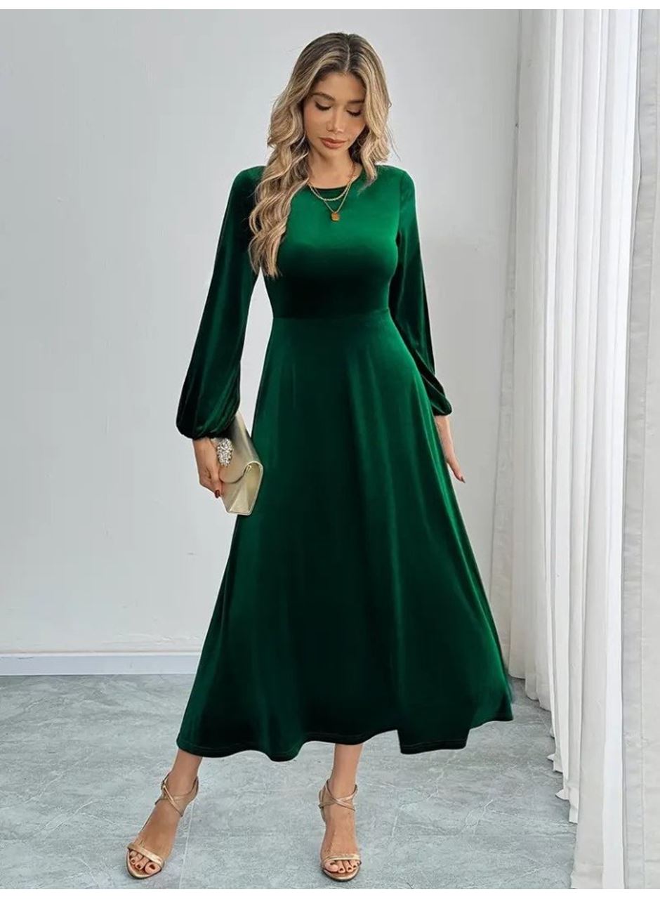 Kadın Uzun Kollu Bisiklet Yaka Midi Kadife Elbise