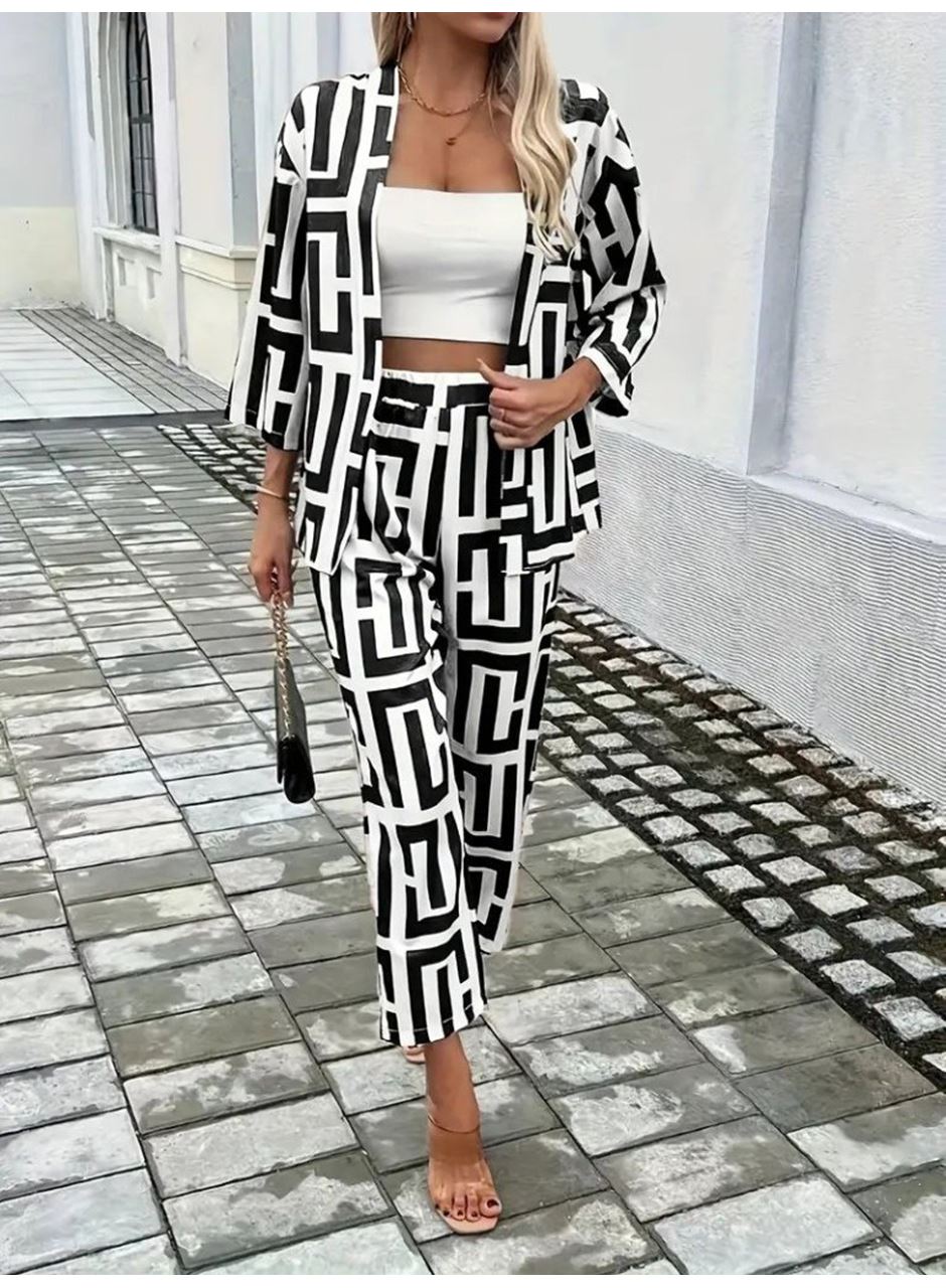 Kadın Uzun Kollu önü Açık Desenli Iki Iplik Ceket Ve Pantolon Ikili Takım