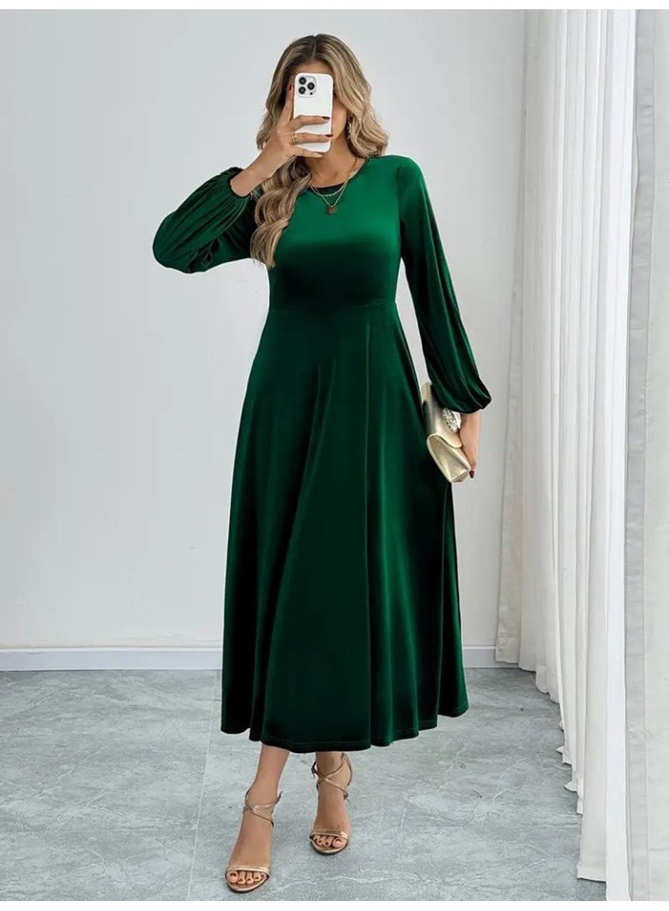 Kadın Uzun Kollu Bisiklet Yaka Midi Kadife Elbise