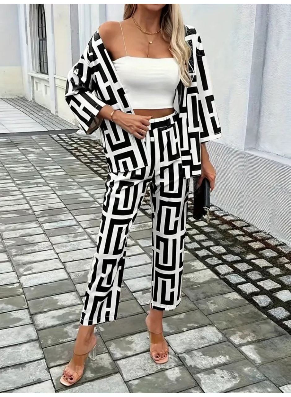 Kadın Uzun Kollu önü Açık Desenli Iki Iplik Ceket Ve Pantolon Ikili Takım