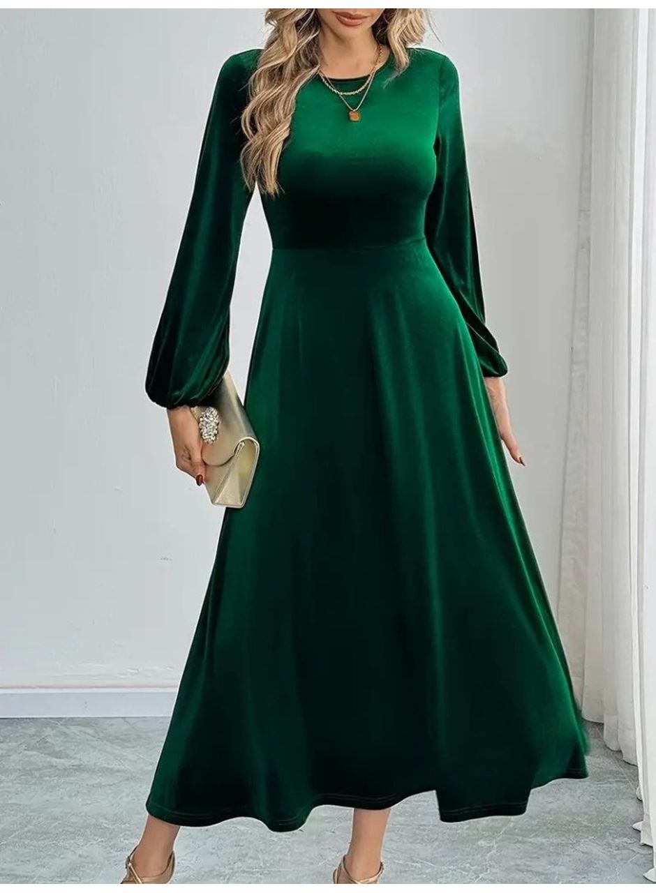 Kadın Uzun Kollu Bisiklet Yaka Midi Kadife Elbise