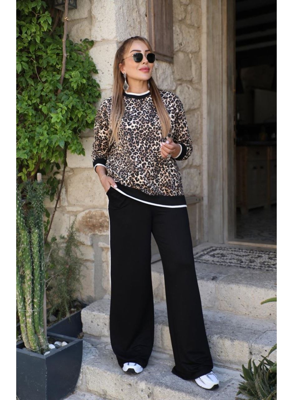 Kadın Uzun Kollu Bisiklet Yaka Leopar Desenli Iki Iplik Bluz Ve Viskon Iki Iplik Pantolon Ikili Takım
