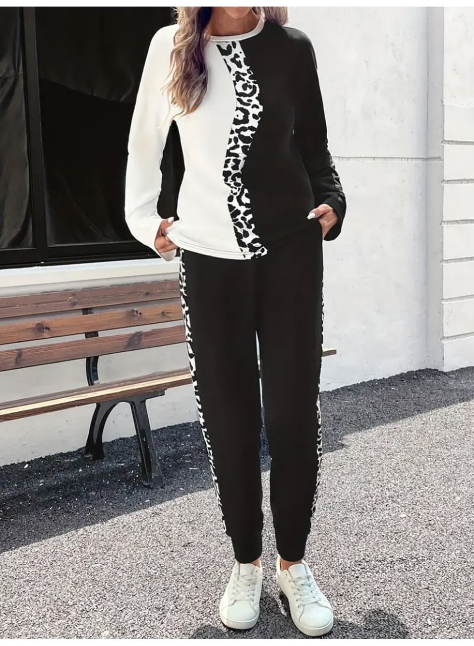 Kadın Uzun Kollu Bisiklet Yaka çift Renkli Viskon Iki Iplik Bluz Ve Pantolon Ikili Takım