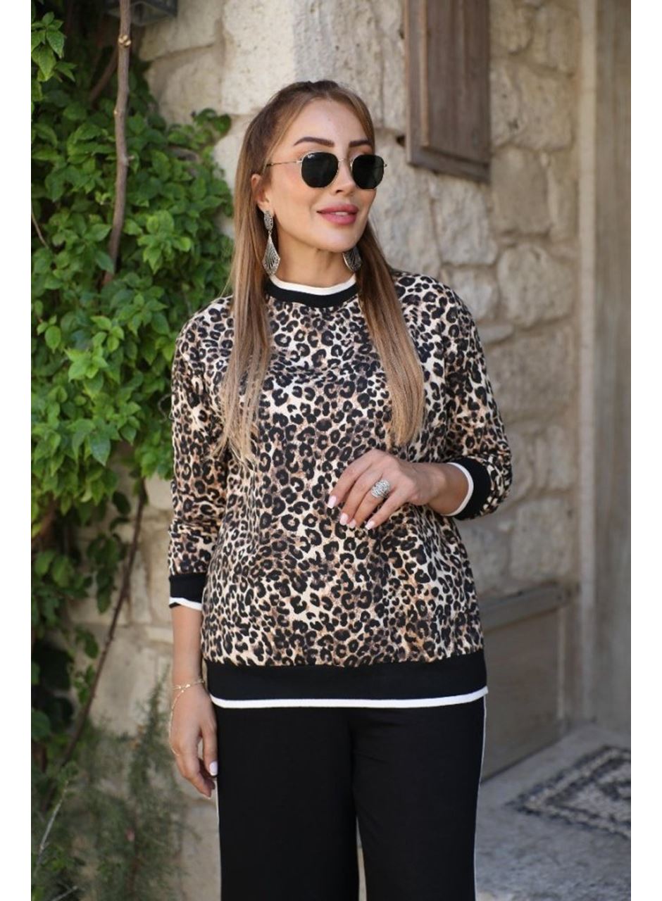 Kadın Uzun Kollu Bisiklet Yaka Leopar Desenli Iki Iplik Bluz Ve Viskon Iki Iplik Pantolon Ikili Takım